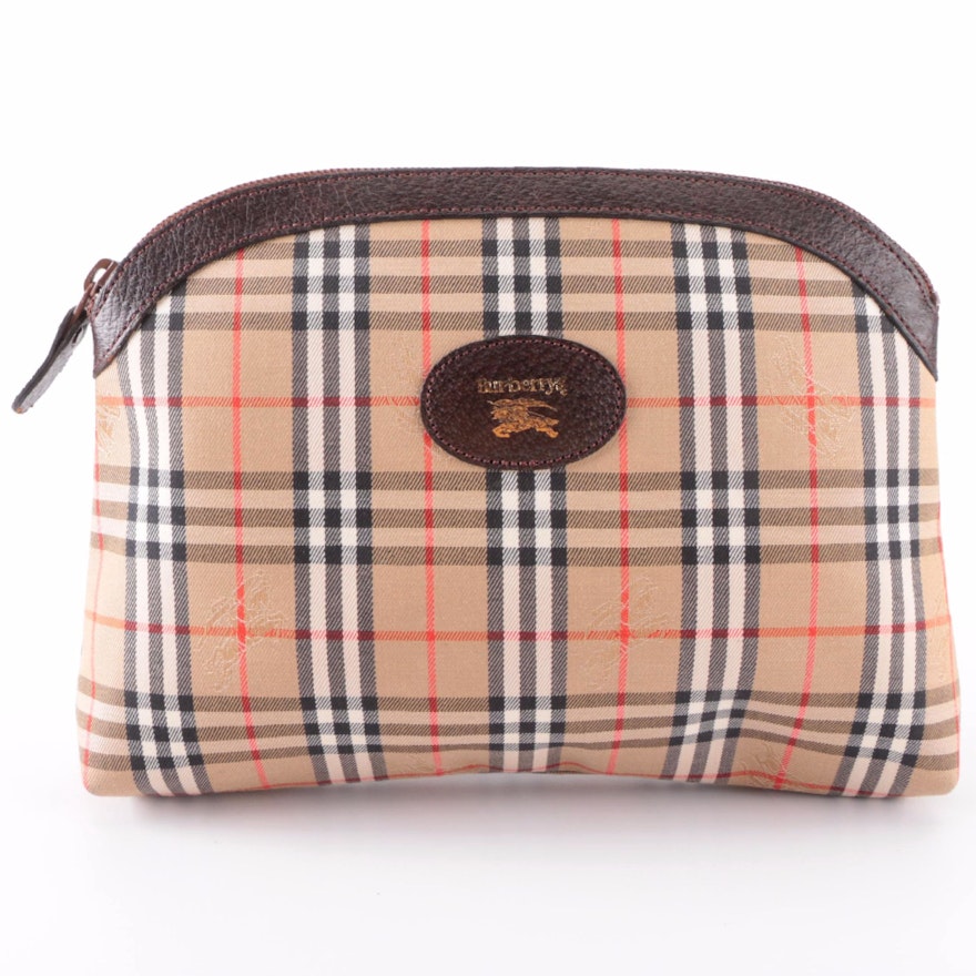 Burberrys Cosmetic Pouch in "Haymarket Check" Twill and Brown Leather