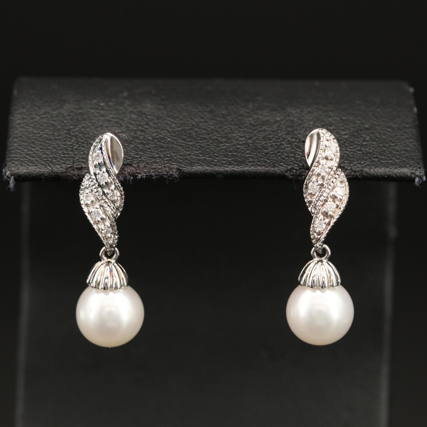 Sterling Pearl and Diamond Drop Earrings