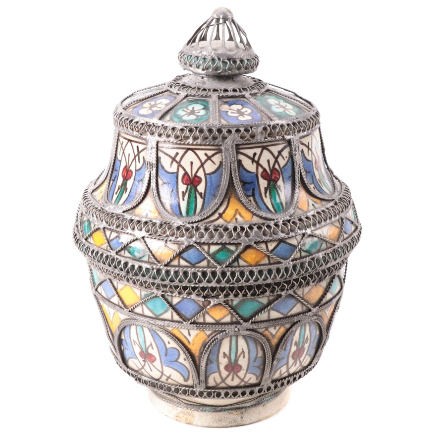 Moroccan Earthenware Spice Jar with Metal Filigree Overlay, 20th Century