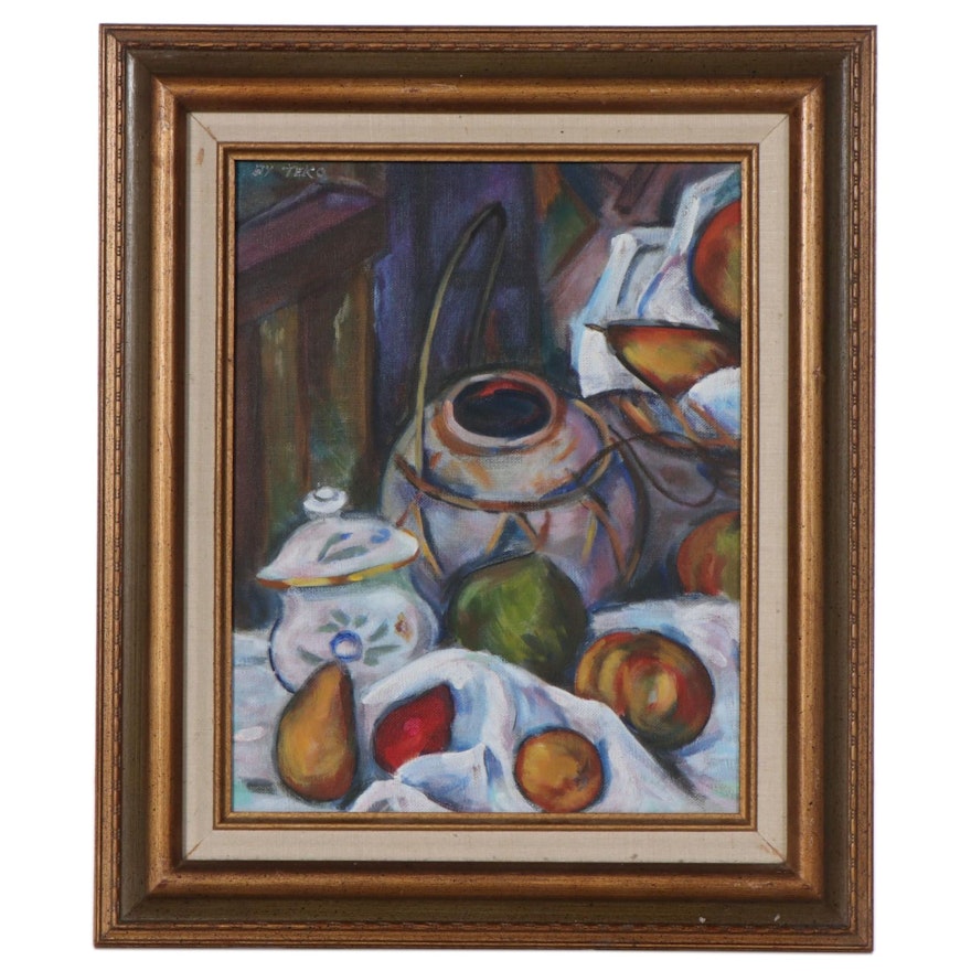 Still Life Oil Painting of Fruits and Pottery, Late 20th Century