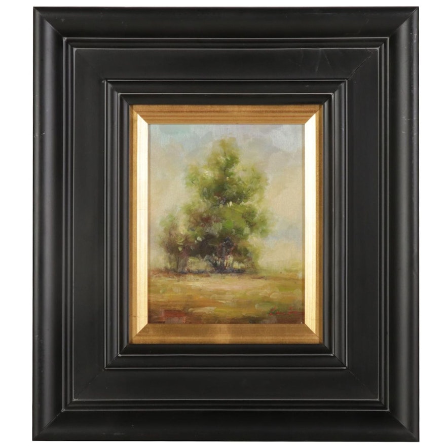 Landscape Oil Painting of Tree in Field, 21st Century