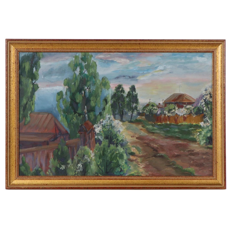 Landscape Oil Painting of Neighborhood, Late 20th Century