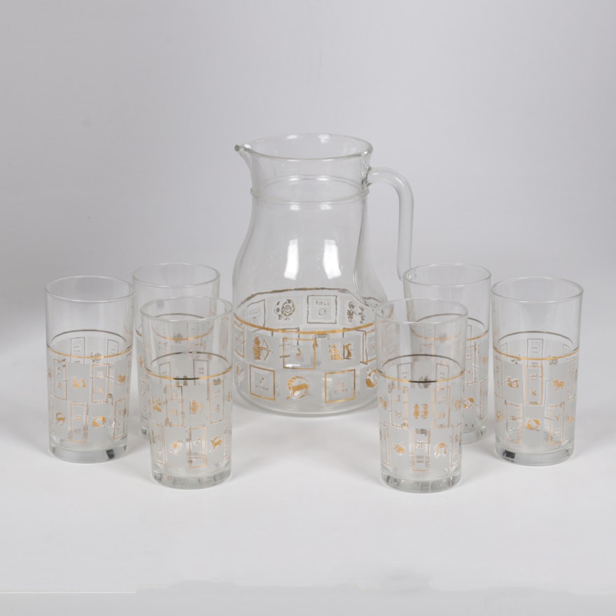 Mid Century Modern Zodiac Glass Tumblers and Pitcher