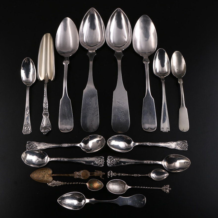Sterling, Coin, and 800 Silver Spoons with Other Metal and Silver Plate Spoons