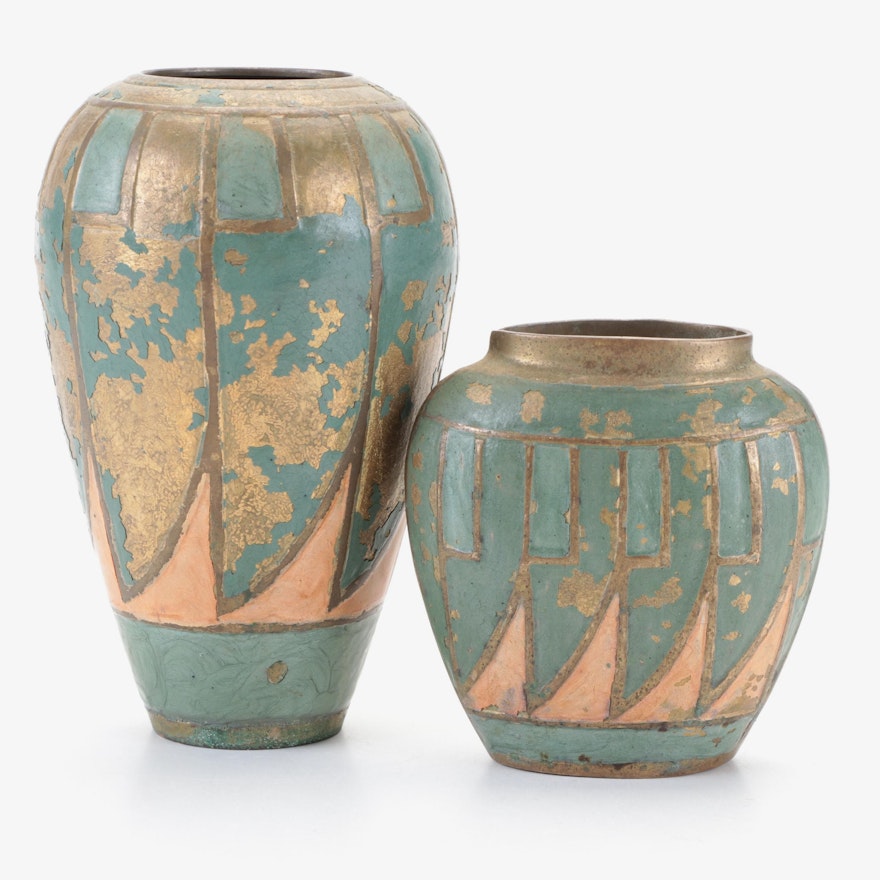 Enameled Brass Vases, Early to Mid-20th Century