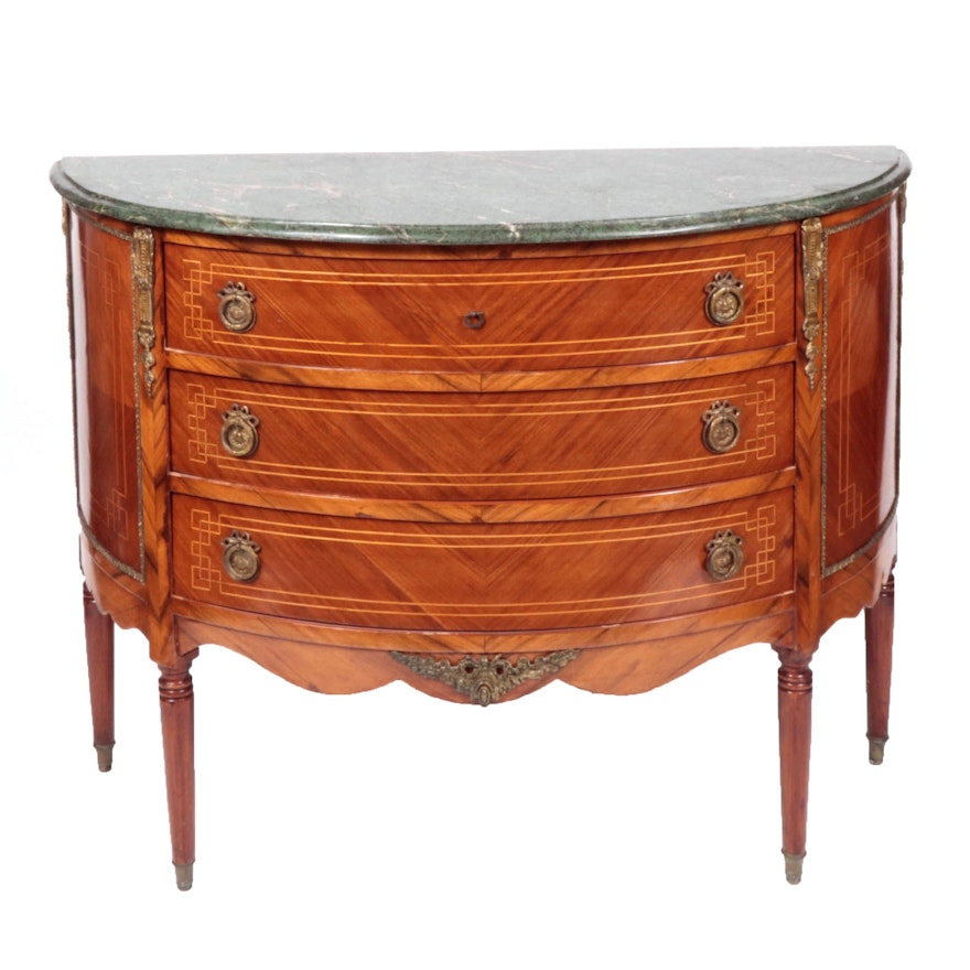 Louis XVI Style Tulip and Kingwood Brass-Mounted Marble Top Commode