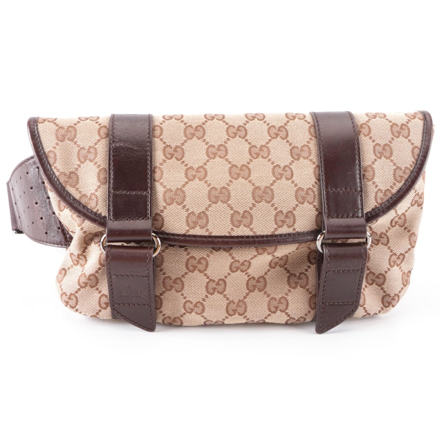 Gucci Belt Bag in GG Canvas and Brown Leather Trim