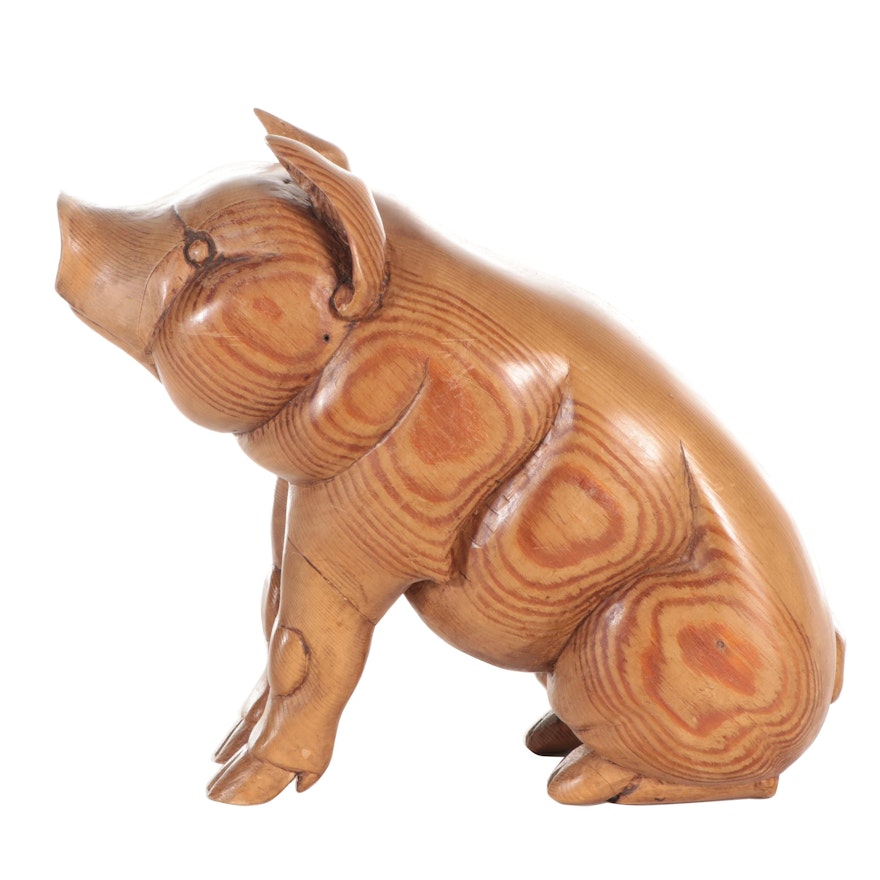 Handcrafted Folk Art  Pine Pig Sculpture, 20th Century