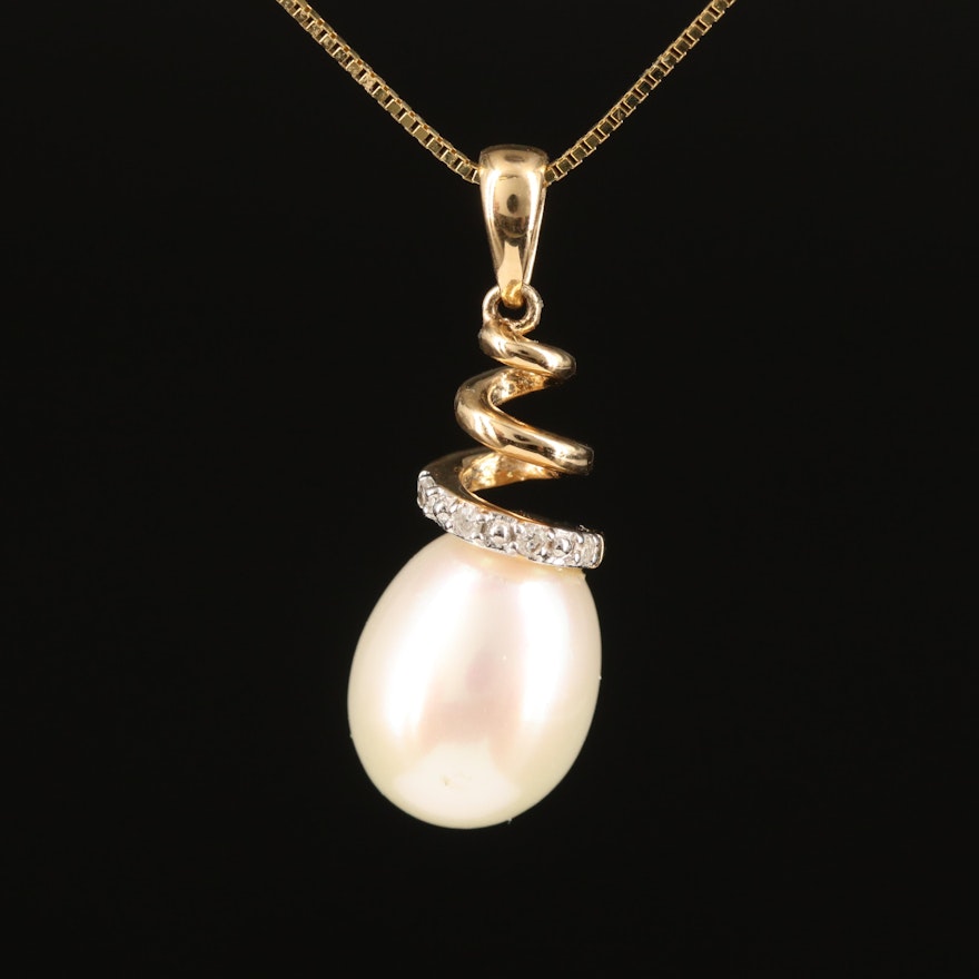 14K Pearl and Diamond Pendant Necklace