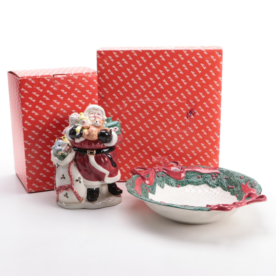 Fitz and Floyd "Old World Santa" Cookie Jar with "Christmas Garland" Bowl