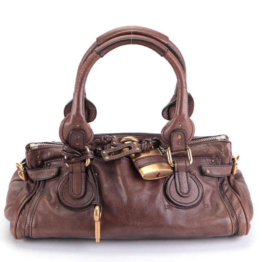 Chloé Paddington Satchel Handbag Medium in Dark Brown Grainy Calfskin