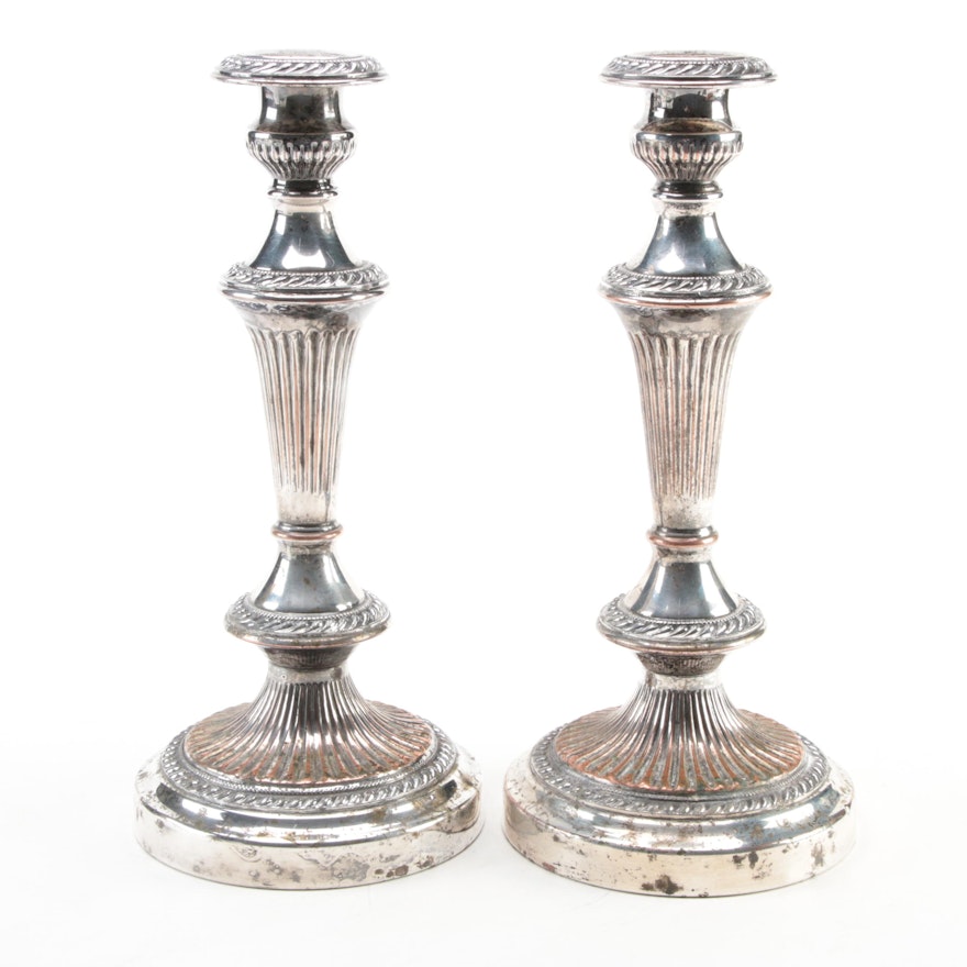 Silver Plate Mantel Candlesticks with Gadroon Rims