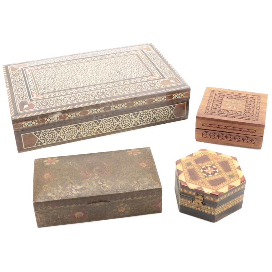 Damascene Style Carved, Floral and Inlaid Boxes