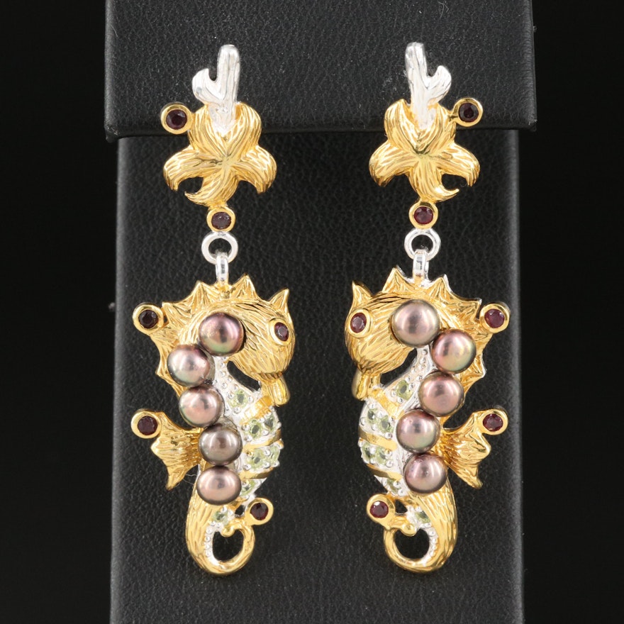 Sterling Silver Pearl, Garnet and Peridot Seahorse Earrings