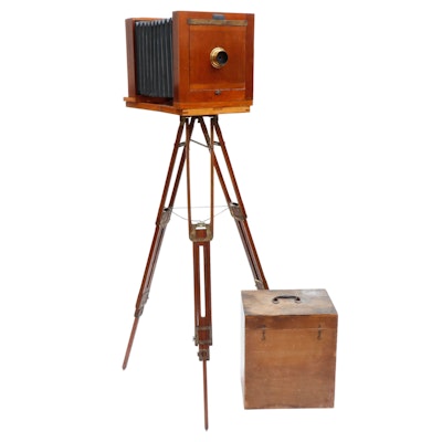 Folding Field Camera with Tripod and Wood Chest, Early 20th Century