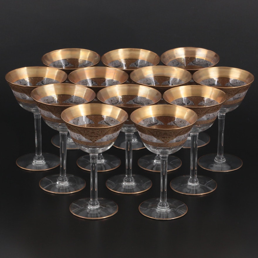 Gilt Encrusted Etched Glass Champagne Coupes