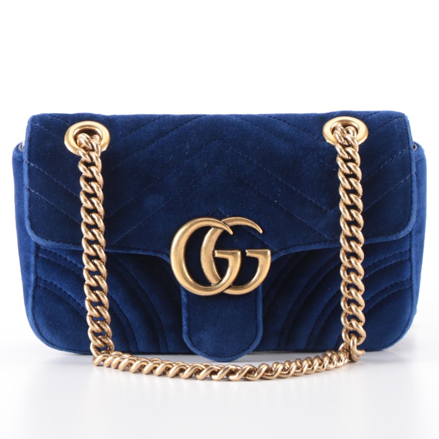 Gucci GG Marmont Small Matelassé Blue Velvet Shoulder Bag