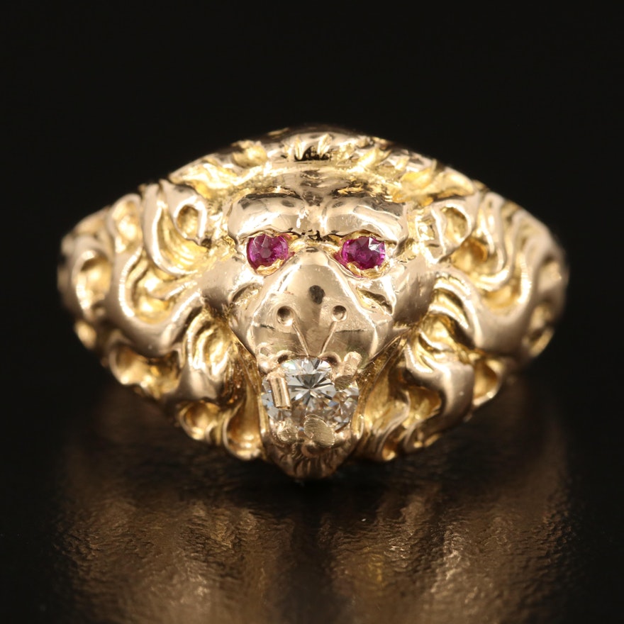 10K Diamond and Ruby Lion Ring