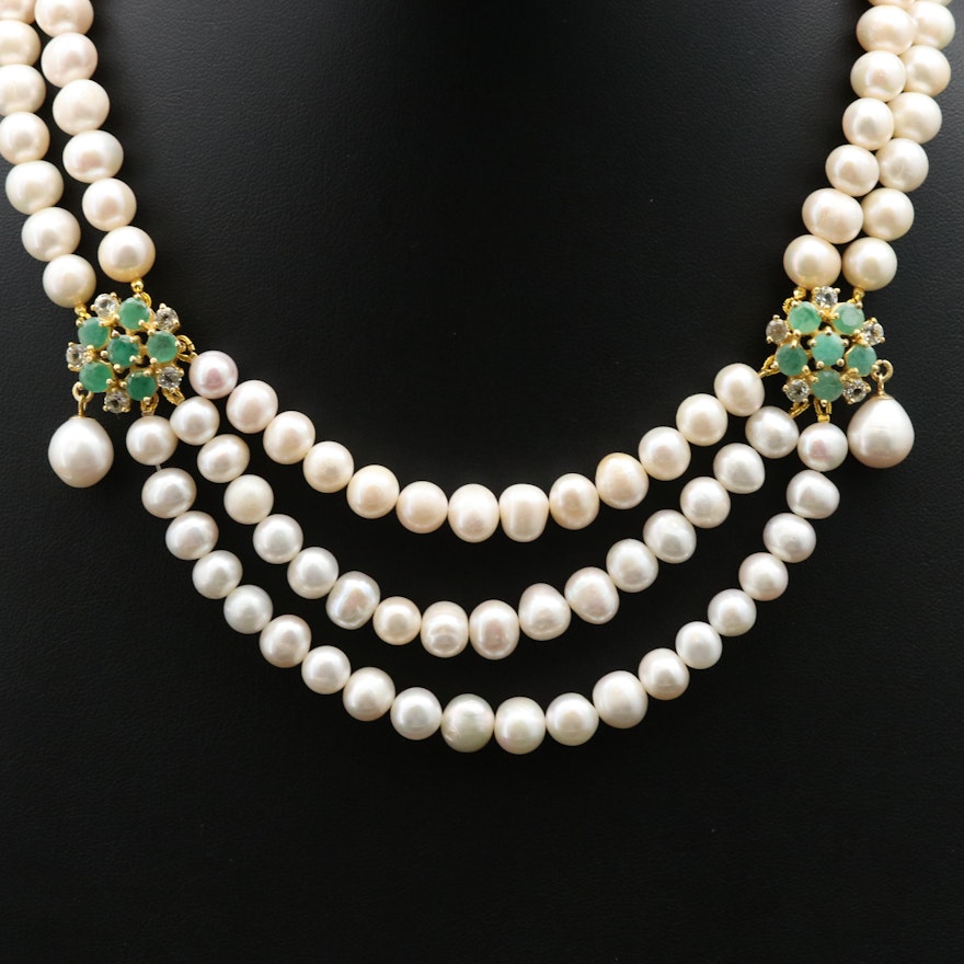 Sterling Pearl, Emerald and Topaz Multi-Strand Necklace
