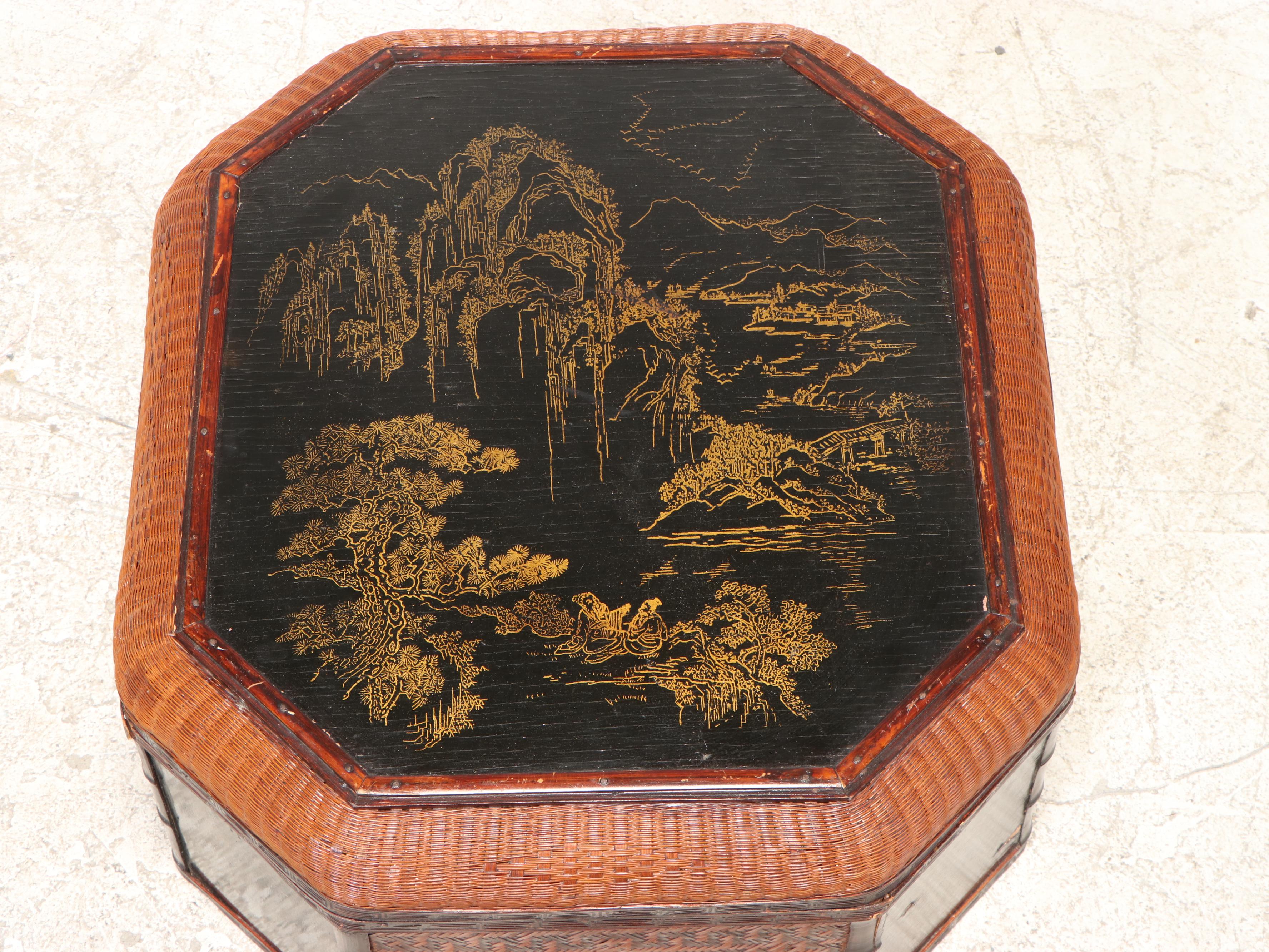 Japanese Woven Bamboo and Lacquered Wooden Panel Box EBTH