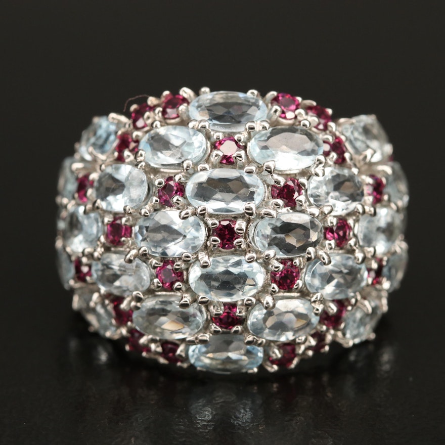 Sterling Aquamarine and Garnet Dome Ring