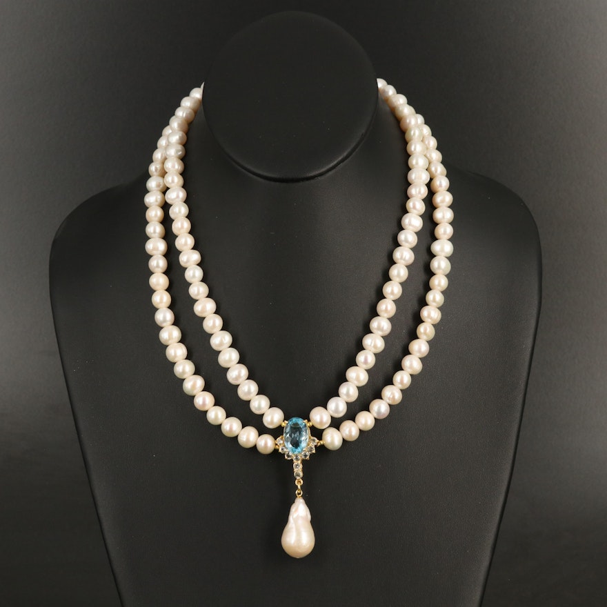 Sterling Pearl, Swiss Blue and Sky Blue Topaz Necklace