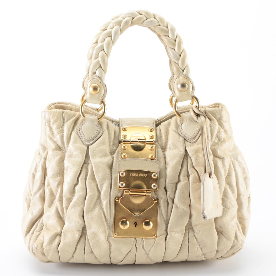Miu Miu Bauletto Aperto Bag in Cream Leather and Wallet in Patent Leather