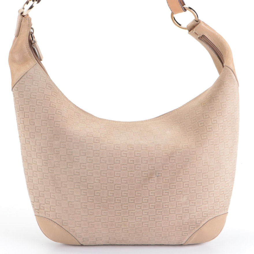 Gucci Hobo Bag in Square G Embossed Suede and Leather Trim