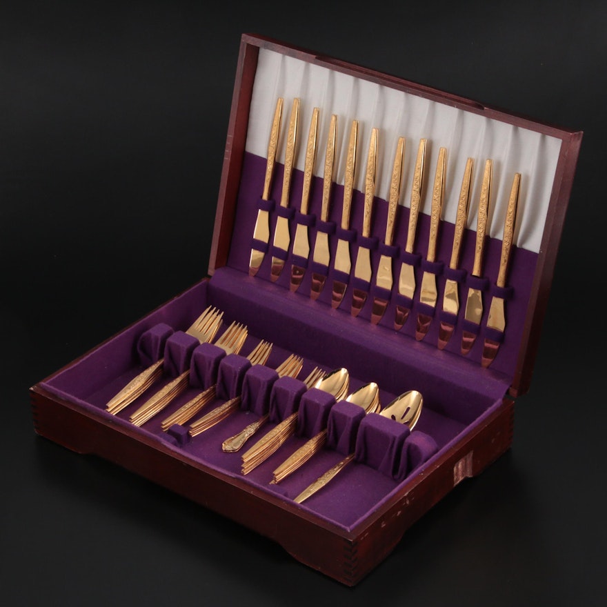 JH "Golden Banquet" and Other Gold Wash Stainless Steel Flatware with Chest
