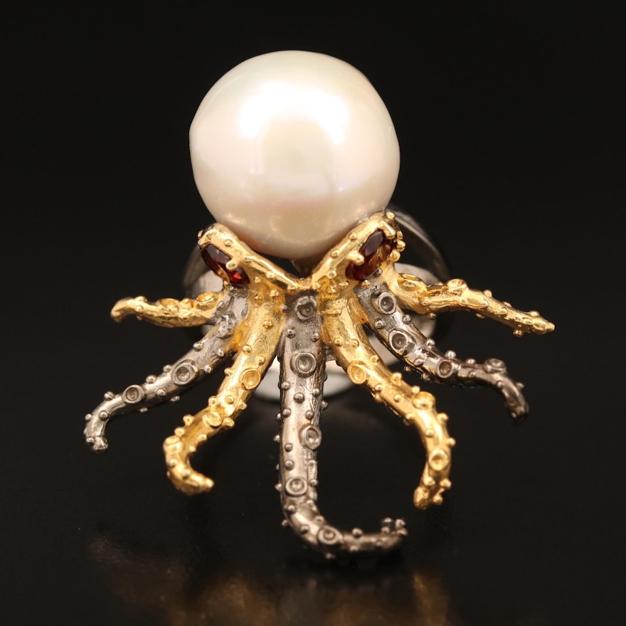 Sterling Pearl and Garnet Octopus Ring