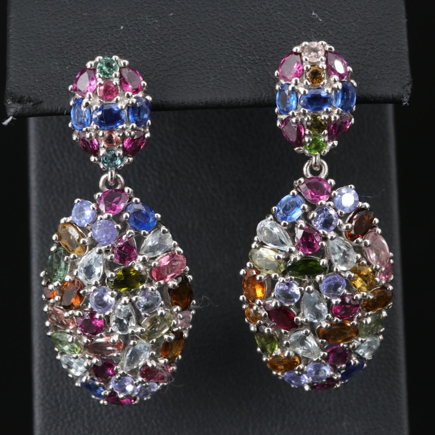 Sterling Tanzanite, Diopside and Gemstone Cluster Earrings