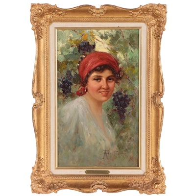 Anna Bottesini Portrait Oil Painting of Woman in Vineyard, Circa 1910