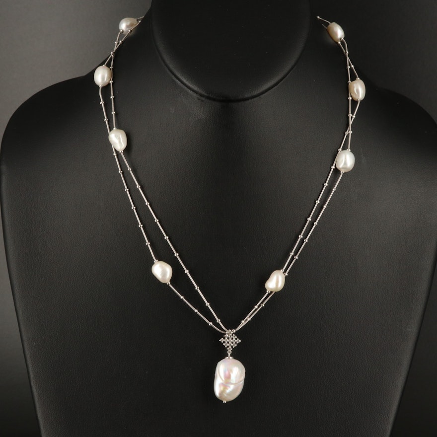 Sterling Pearl Double Strand Station Necklace
