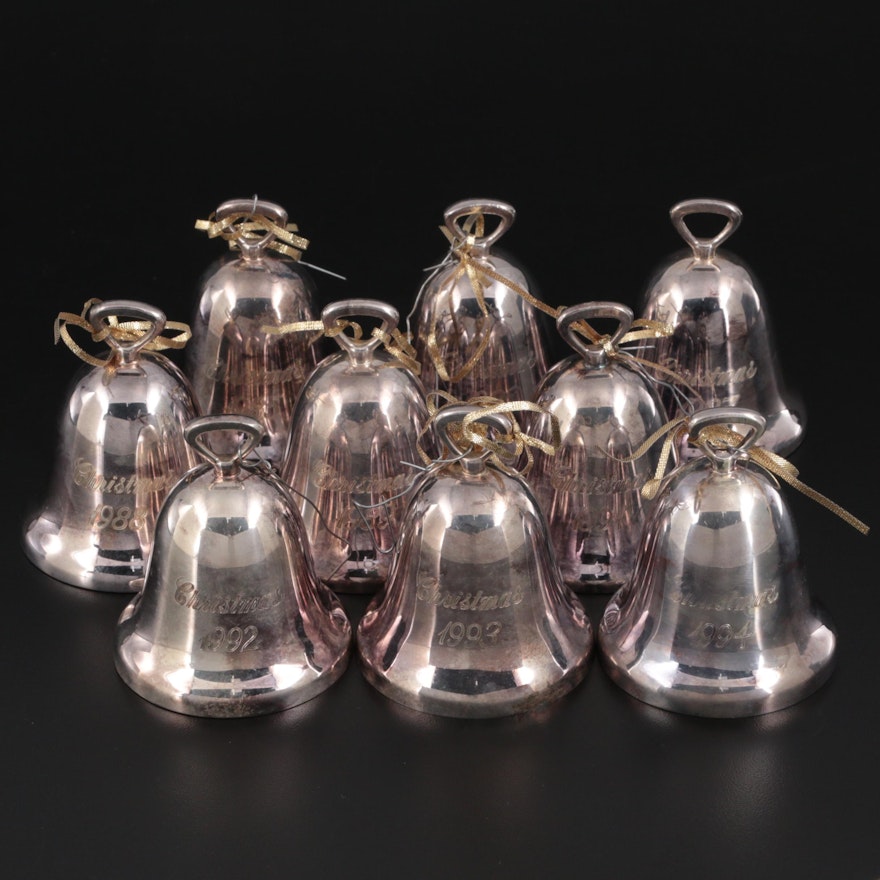 Reed and Barton Silver Plate Christmas Bell Ornaments, Late 20th Century