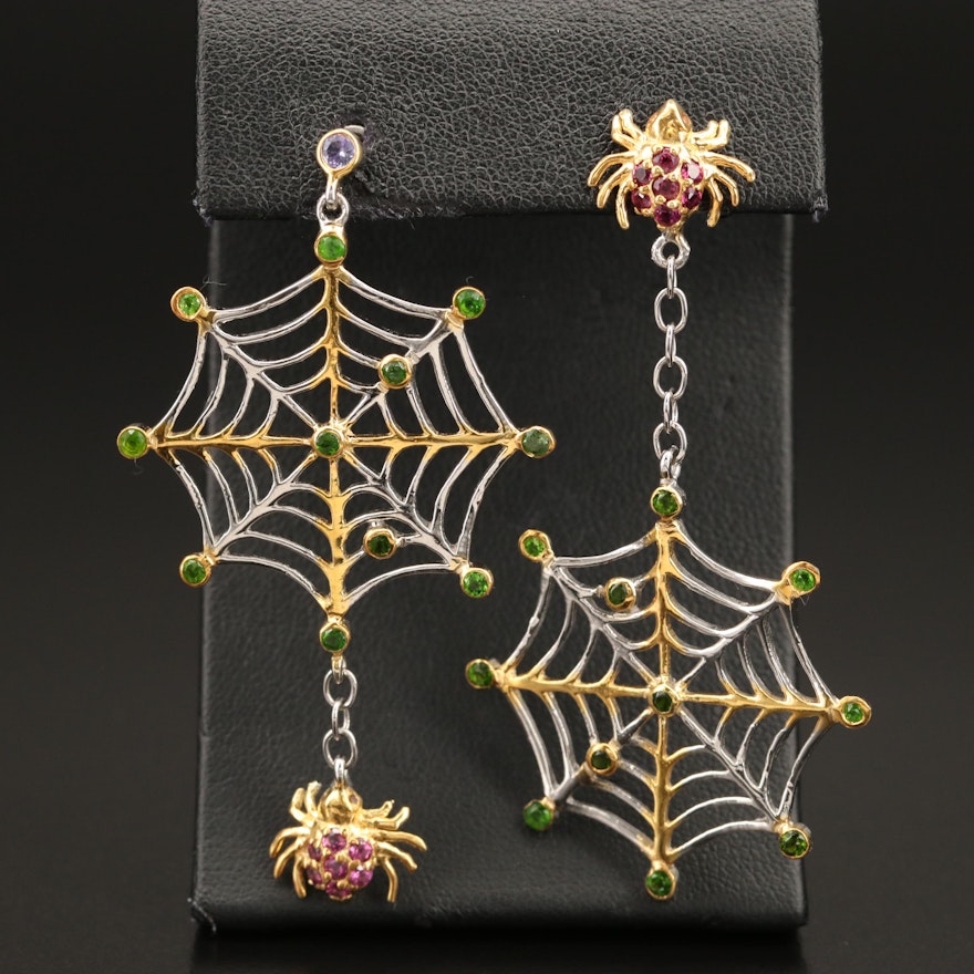 Sterling Garnet and Diopside Spiderweb Earrings
