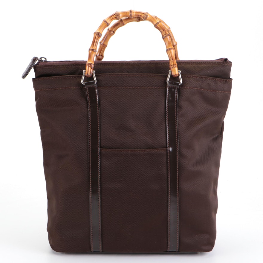 Gucci Tote Bag in Brown Nylon Twill with Bamboo Handles and Patent Leather Trim