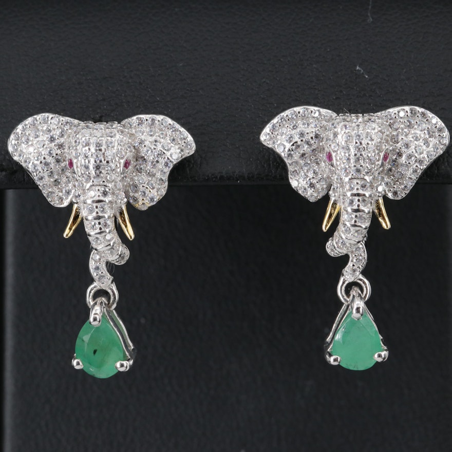 Sterling Emerald, Ruby and Pavé Cubic Zirconia Elephant Earrings