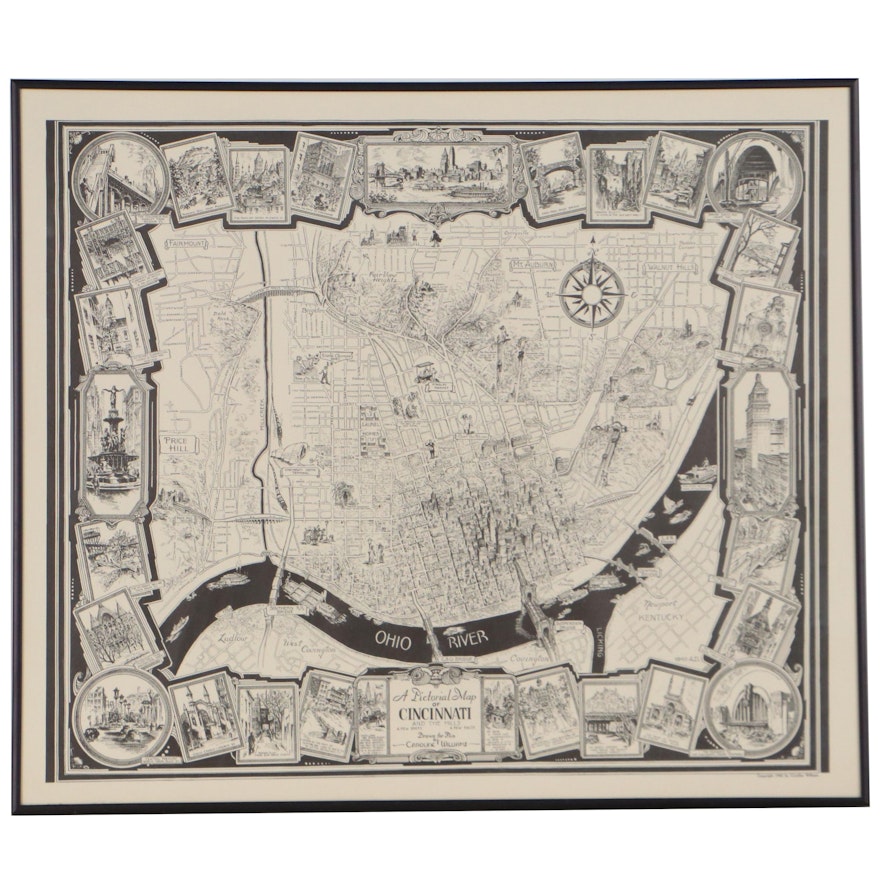 Caroline William Lithograph "A Pictorial Map of Cincinnati and the Hills," 1940