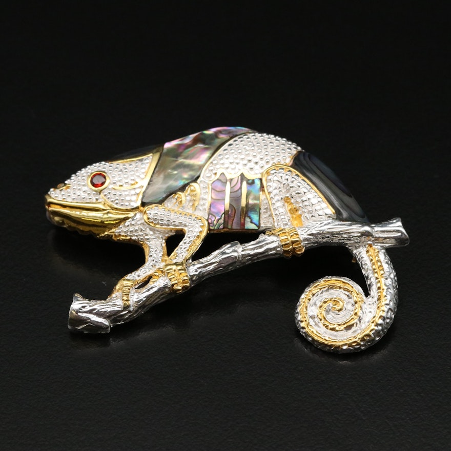 Sterling Chameleon Inlay Brooch with Abalone and Garnet
