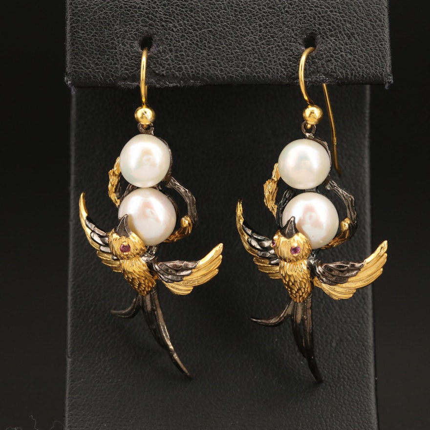 Sterling Pearl and Garnet Bird Earrings