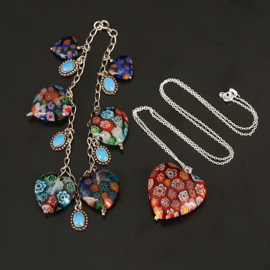 Millefiori Glass Heart Necklace and Bracelet