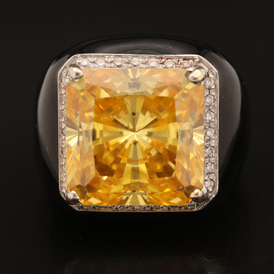 18K Cubic Zirconia, Diamond and Enamel Ring