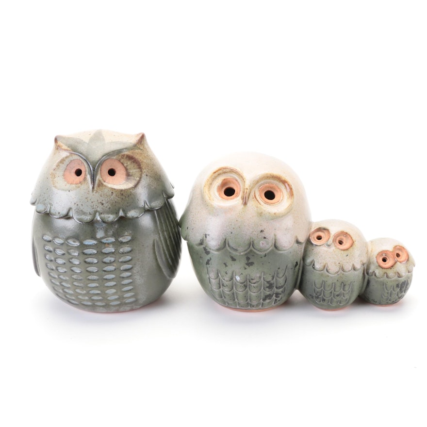 Glazed Ceramic Owl Figurine and Lidded Box
