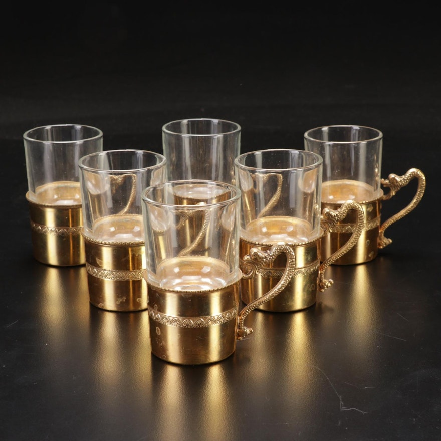 Mid Century Modern Style Italian Brass and Glass Espresso Cups