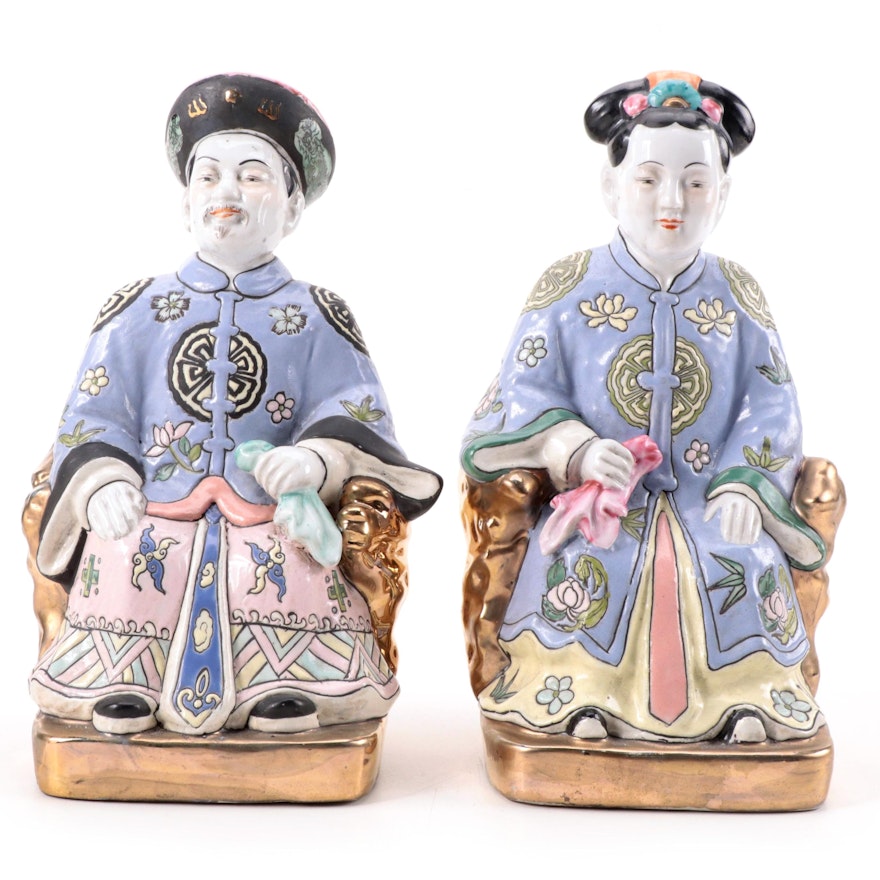 Chinese Hand-Painted Porcelain Figures of Seated Man and Woman, Late 20th C.
