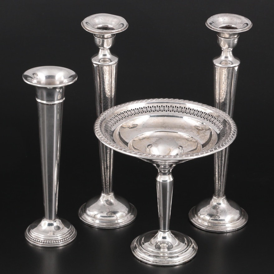 Farmington and Other Weighted Sterling Silver Candlesticks, Compote, and Vase