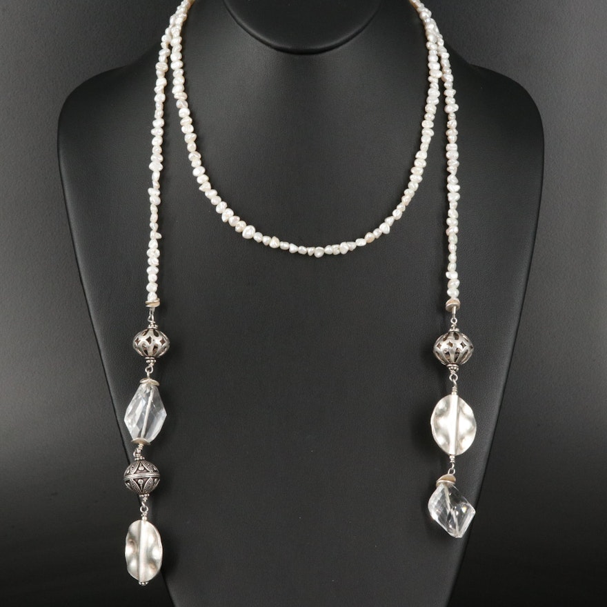 Sterling Pearl and Rock Crystal Quartz Sautoir Necklace