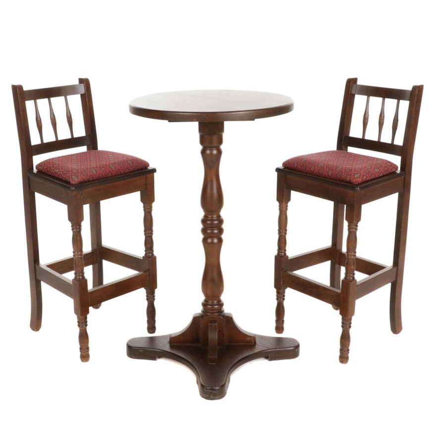 Walnut High Top Pub Table with Two Barstools, 21st Century
