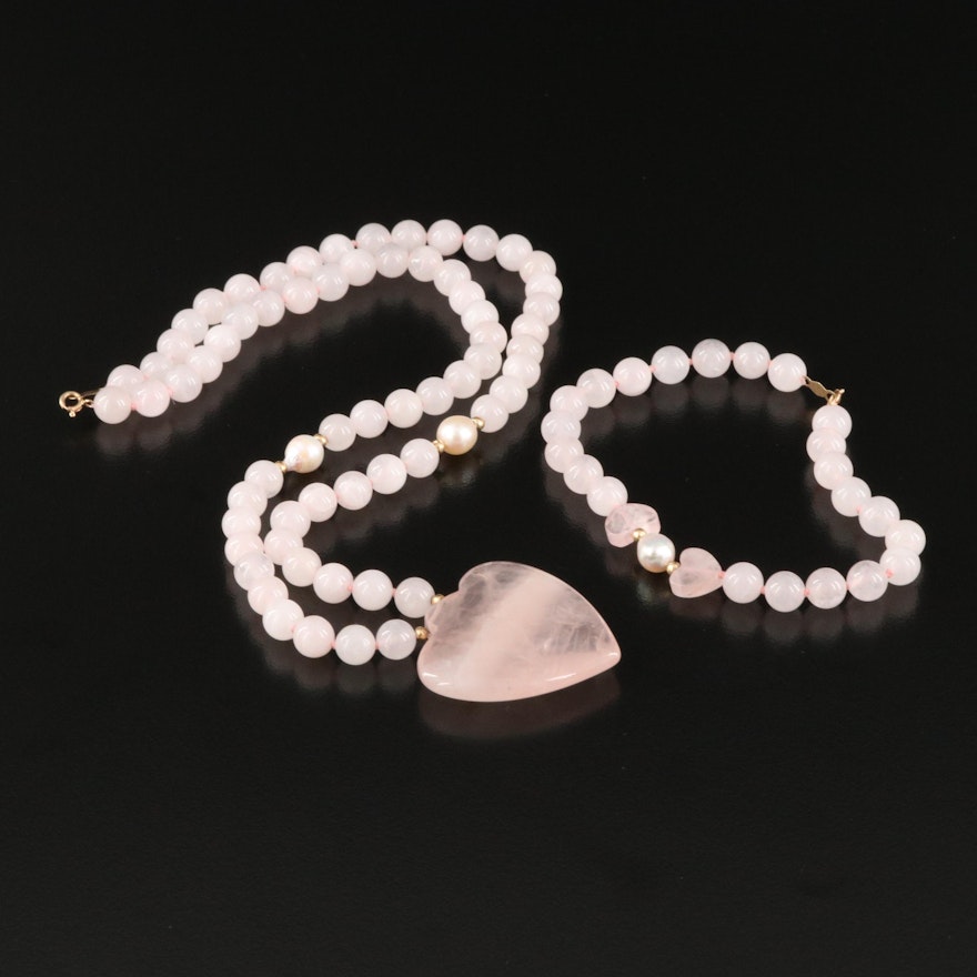 Rose Quartz and  Pearl Heart Jewelry with 14K Accent and Clasp