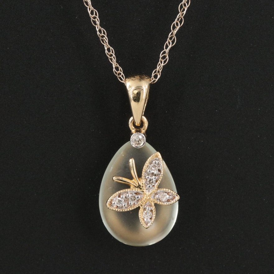 14K Quartz and Diamond Butterfly Pendant Necklace